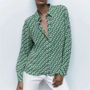 Zara Green Geometric Button Down Shirt NWOT